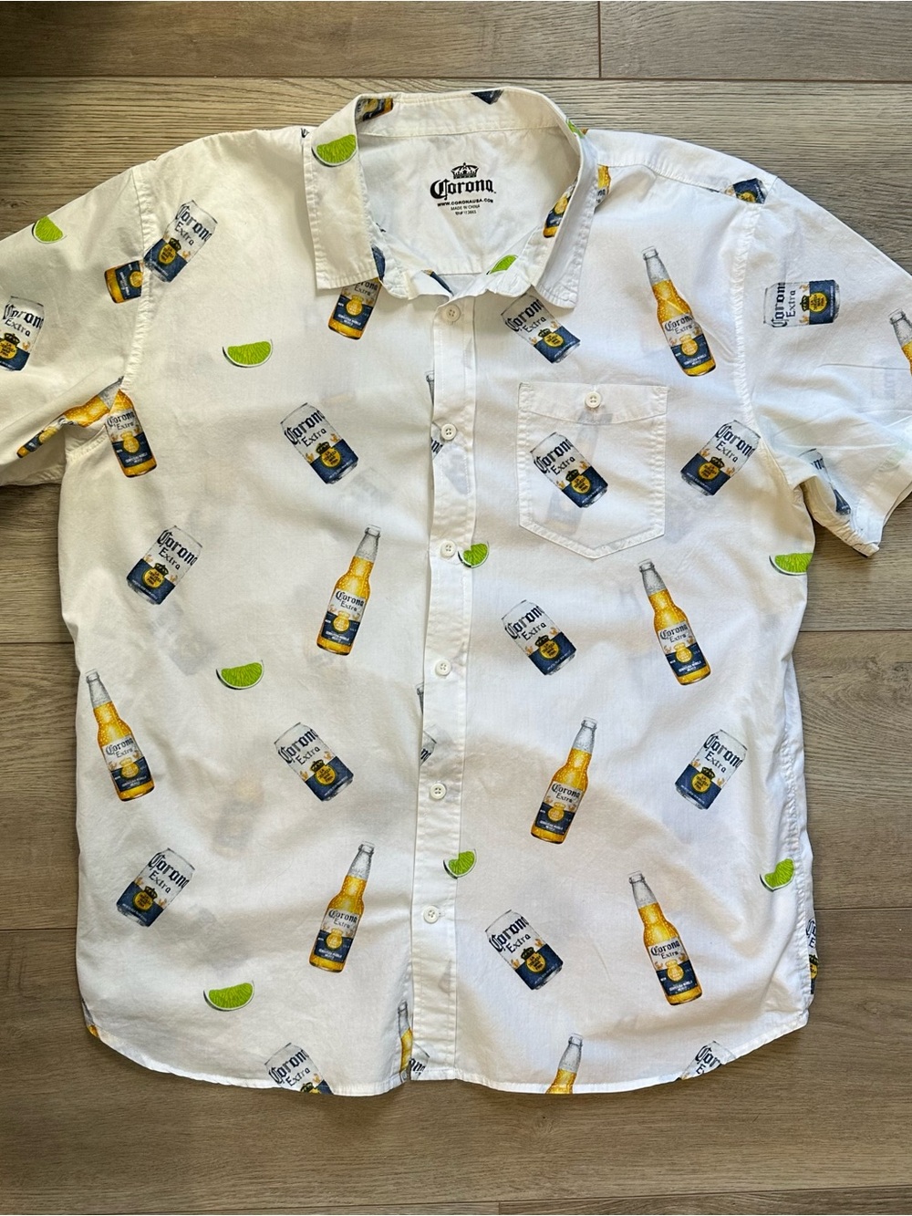 Corona Short-Sleeve Button-Up Shirt in White with Bottle & Lime Print